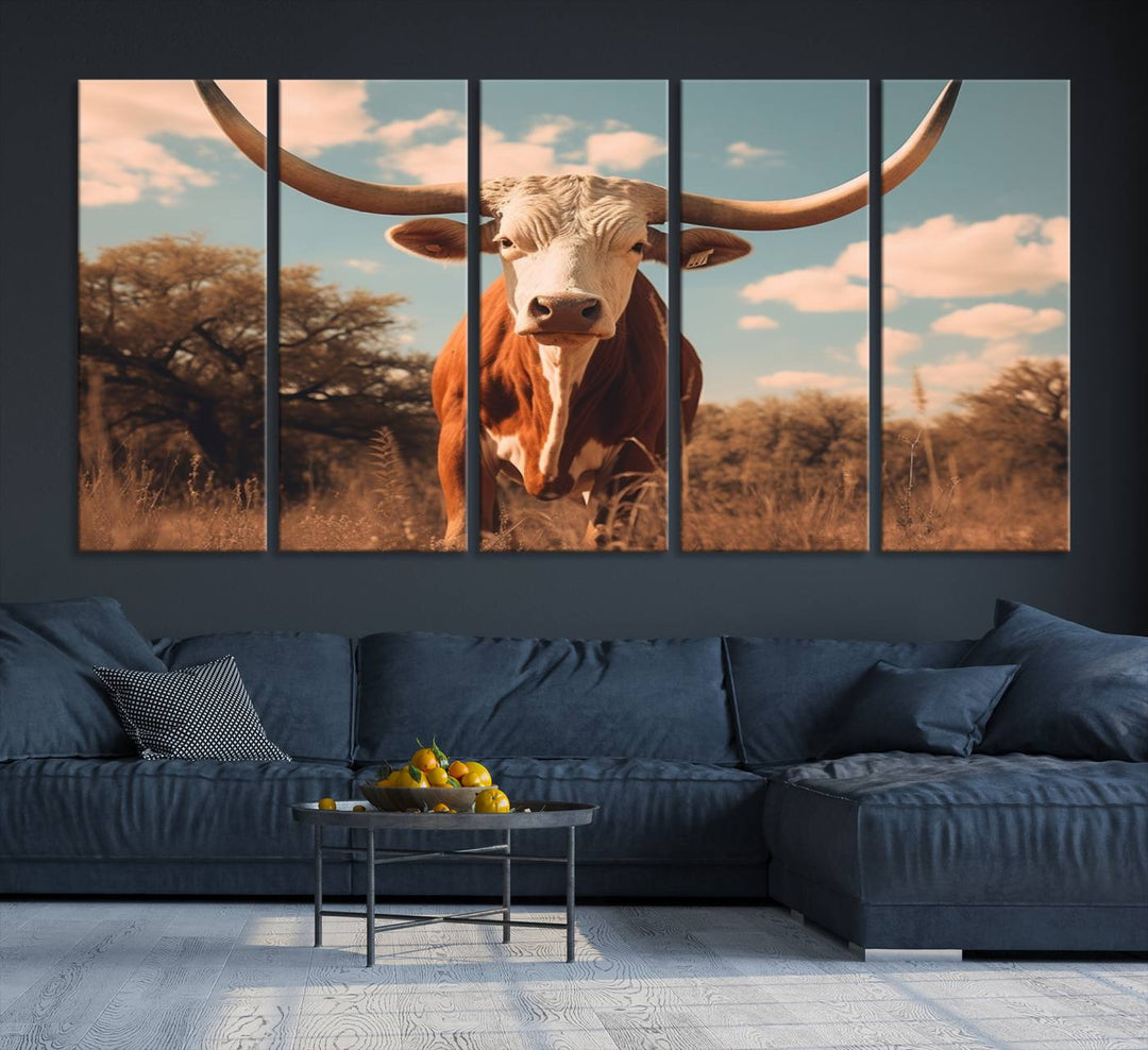 Cow Bighorn Wall Art Canvas Print, Longhorn Texas Large Cow Animal Canvas Print