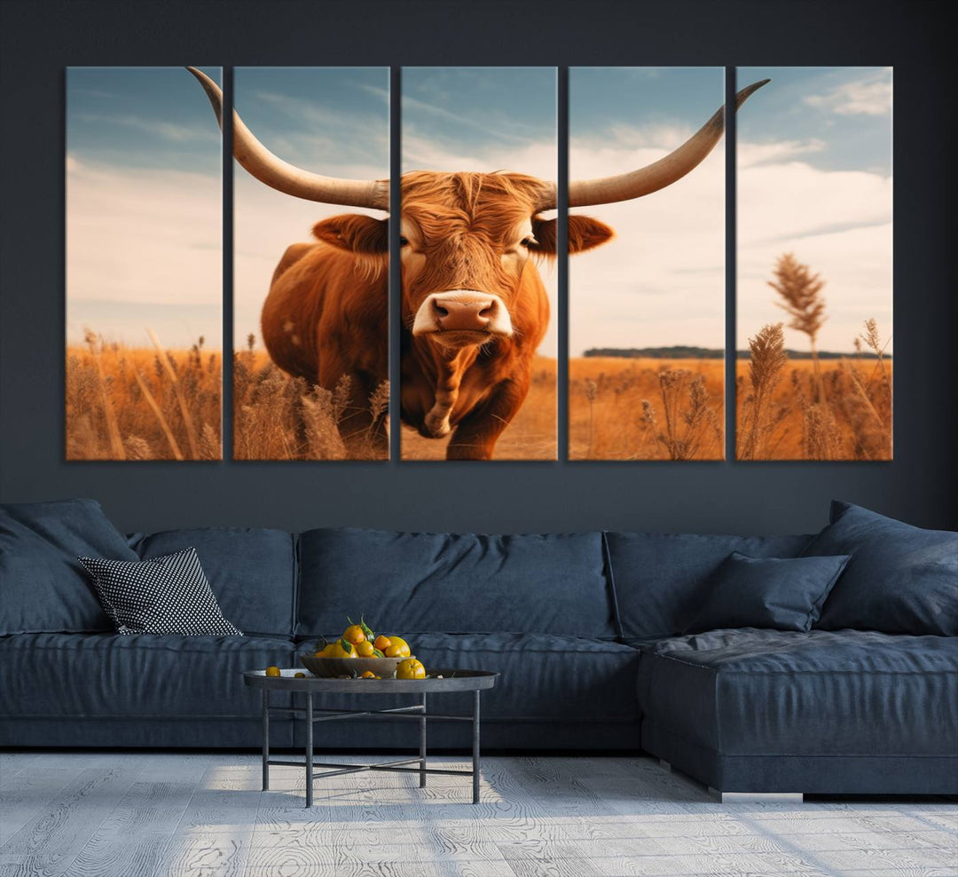 Cow Bighorn Wall Art Canvas Print, Longhorn Texas Large Cow Animal Canvas Print