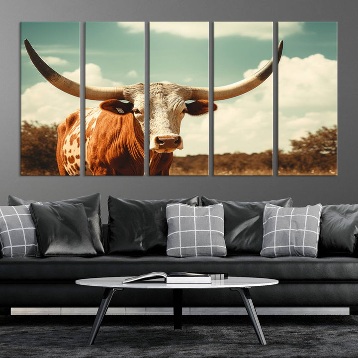 Cow Bighorn Wall Art Canvas Print, Longhorn Texas Large Cow Animal Canvas Print