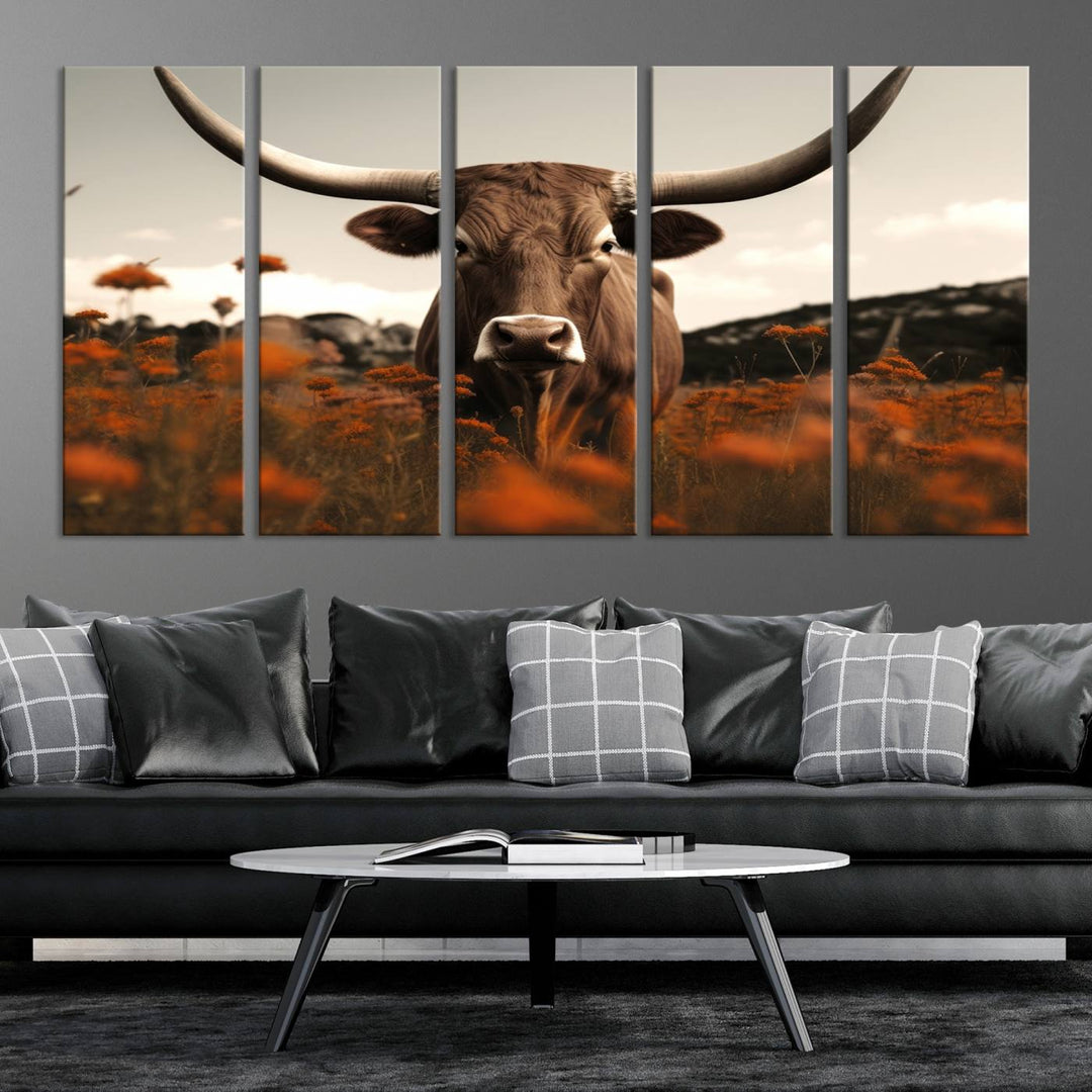 Cow Bighorn Wall Art Canvas Print, Longhorn Texas Large Cow Animal Canvas Print