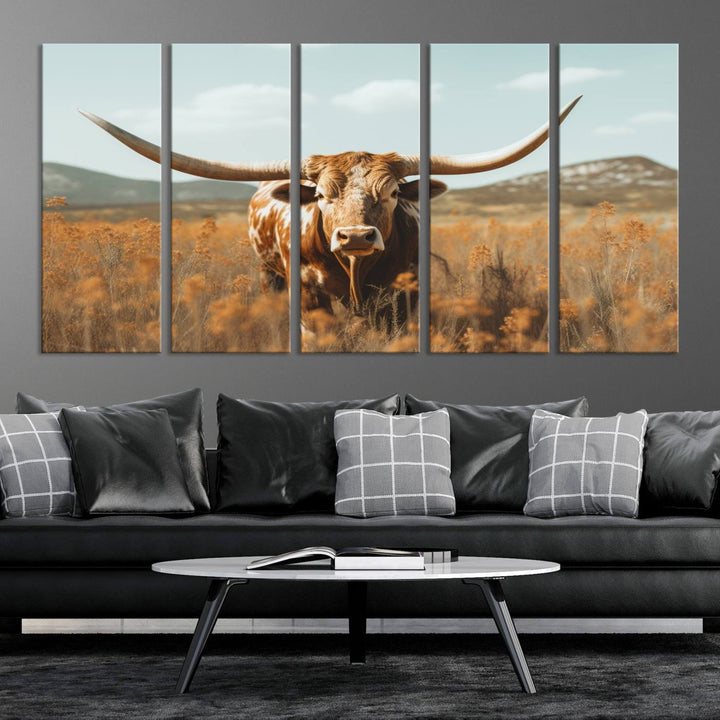 Cow Bighorn Wall Art Canvas Print, Longhorn Texas Large Cow Animal Canvas Print