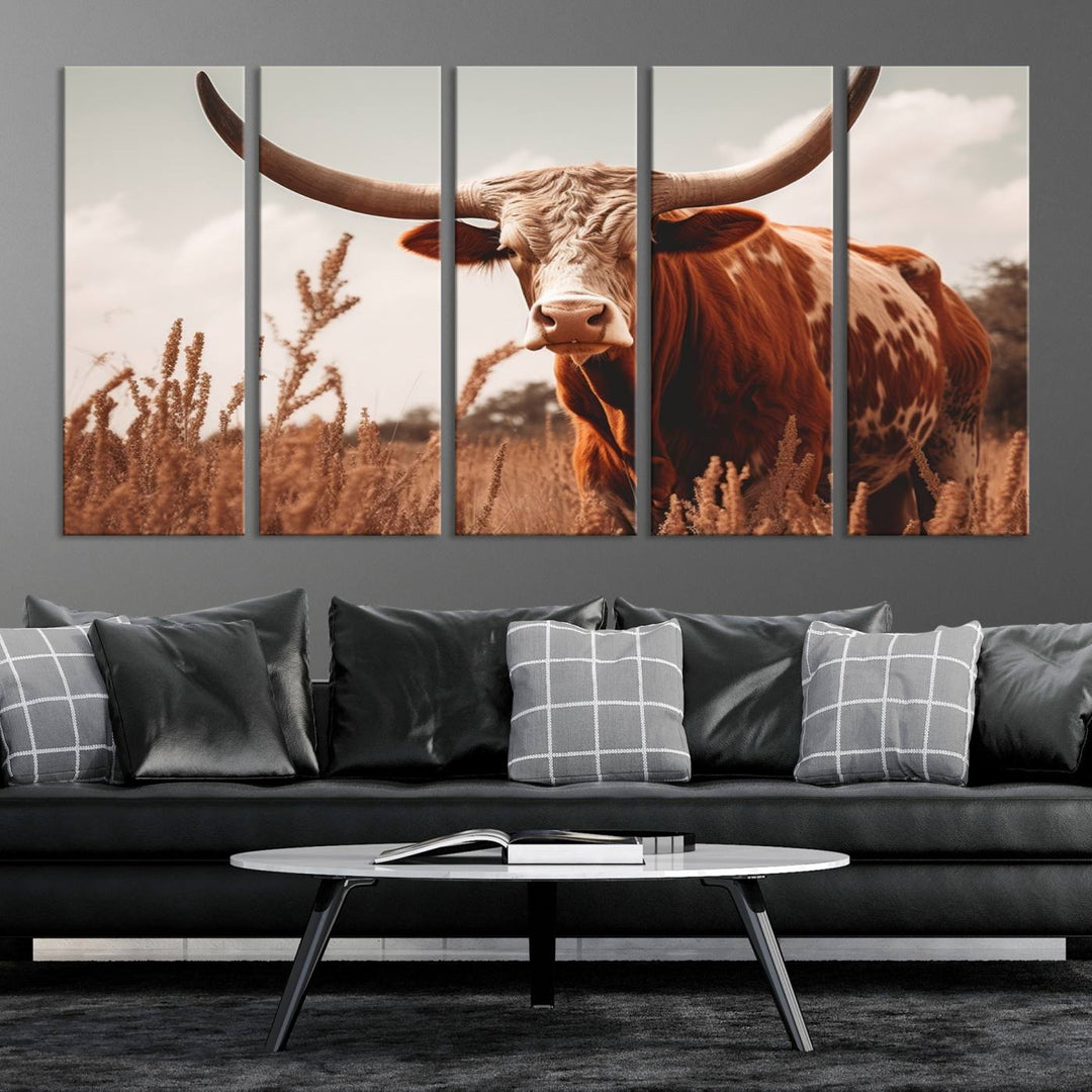 Cow Bighorn Wall Art Canvas Print, Longhorn Texas Large Cow Animal Canvas Print