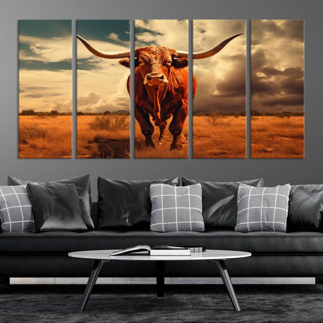 Cow Bighorn Wall Art Canvas Print, Longhorn Texas Large Cow Animal Canvas Print