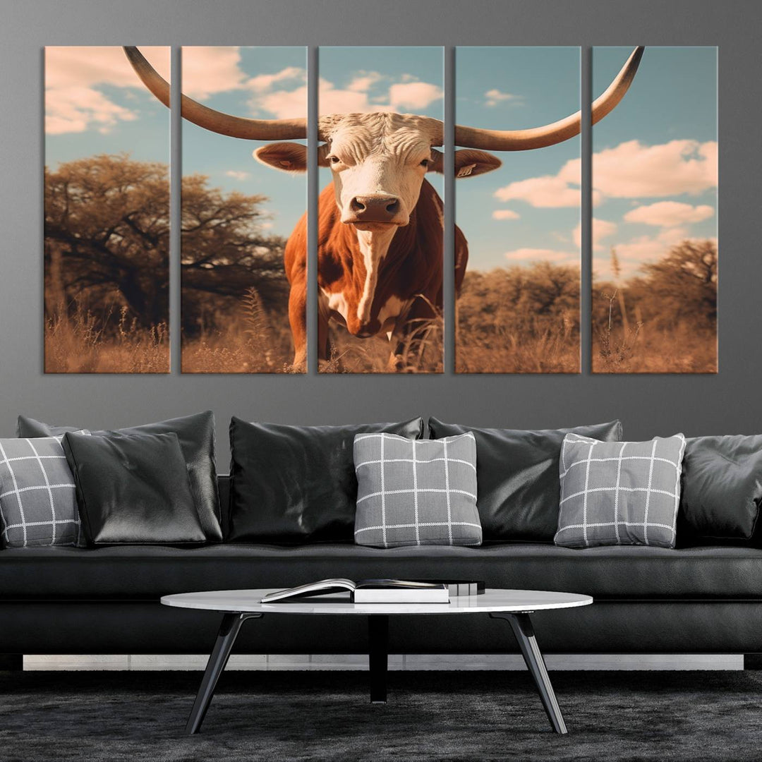 Cow Bighorn Wall Art Canvas Print, Longhorn Texas Large Cow Animal Canvas Print