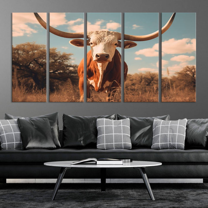 Cow Bighorn Wall Art Canvas Print, Longhorn Texas Large Cow Animal Canvas Print