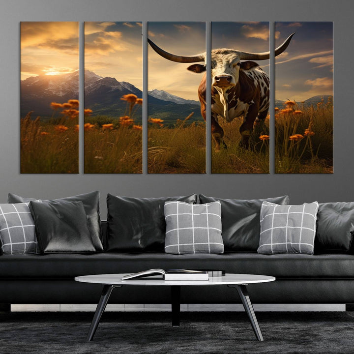 Cow Bighorn Wall Art Canvas Print, Longhorn Texas Large Cow Animal Canvas Print