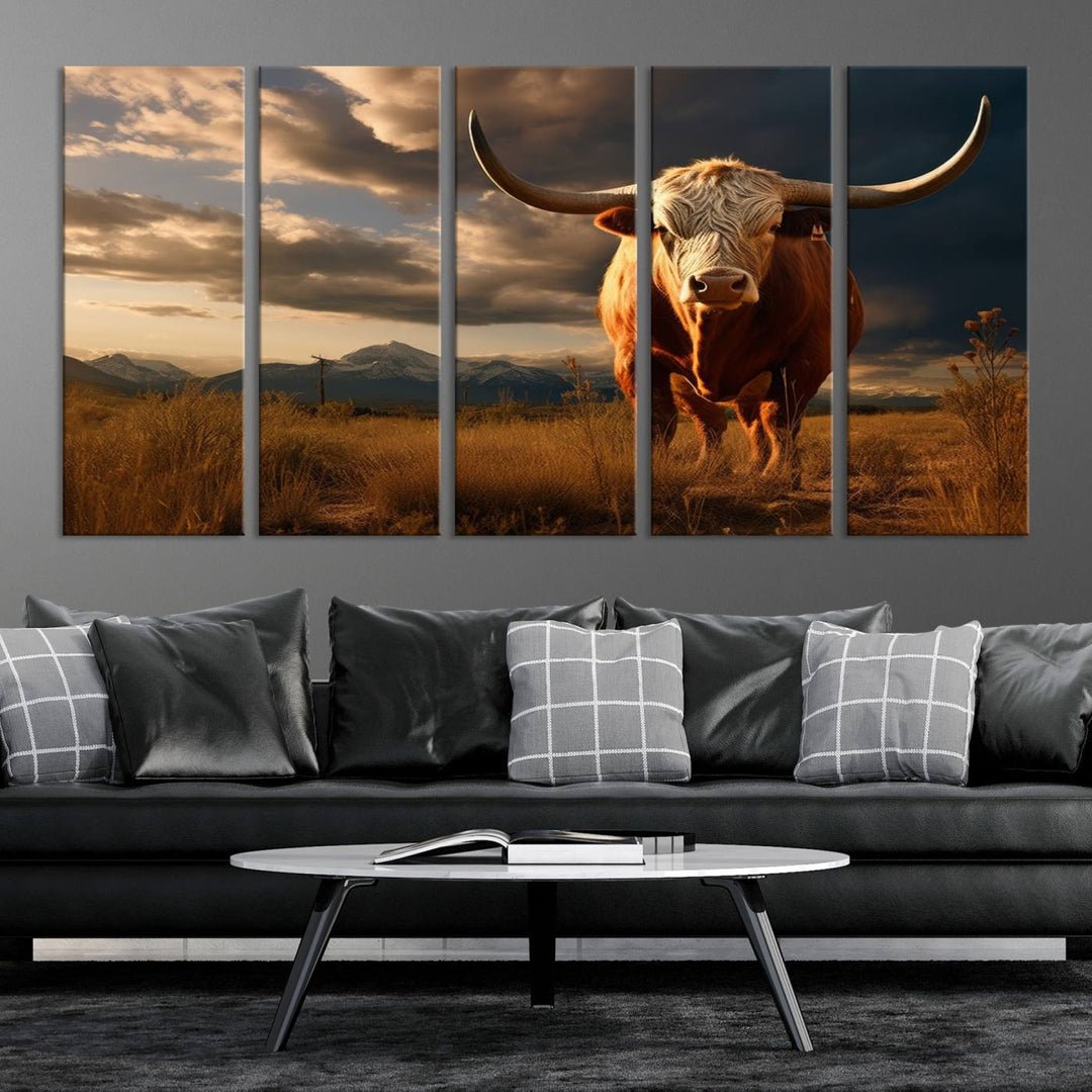 Cow Bighorn Wall Art Canvas Print, Longhorn Texas Large Cow Animal Canvas Print