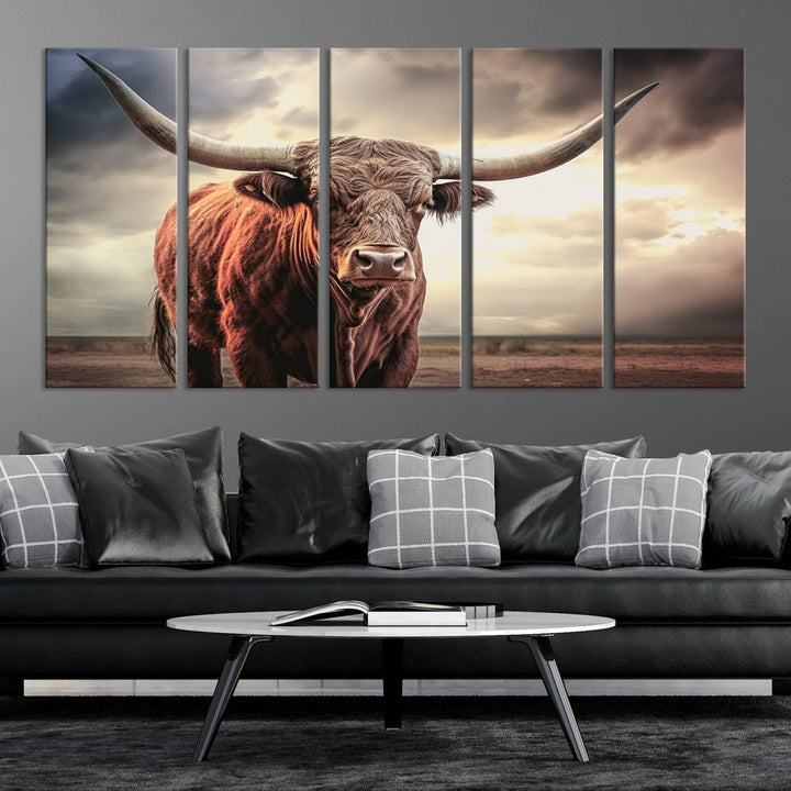 Cow Bighorn Wall Art Canvas Print, Longhorn Texas Large Cow Animal Canvas Print