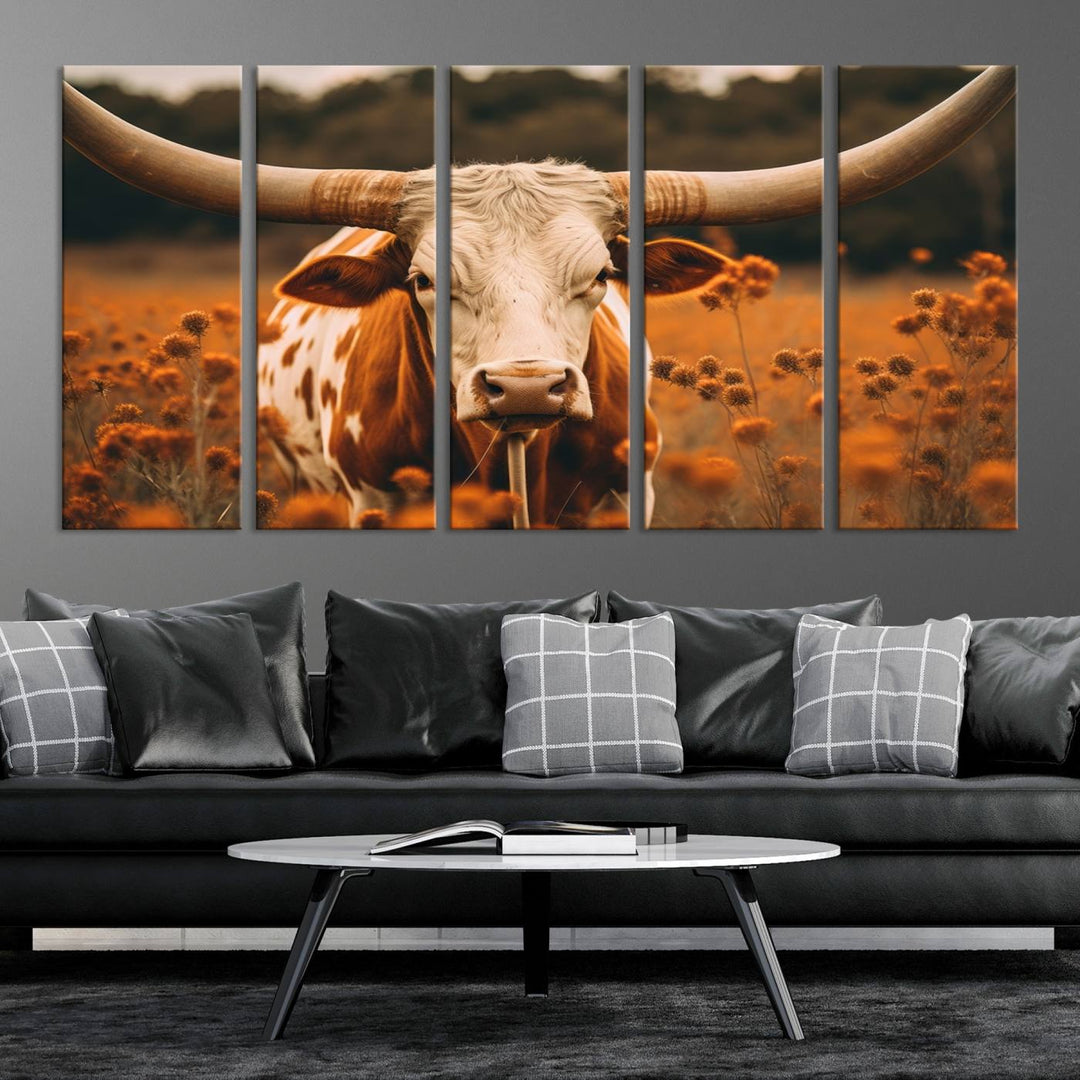 Cow Bighorn Wall Art Canvas Print, Longhorn Texas Large Cow Animal Canvas Print