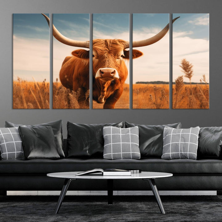 Cow Bighorn Wall Art Canvas Print, Longhorn Texas Large Cow Animal Canvas Print