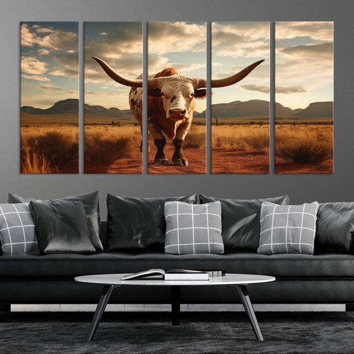 Cow Bighorn Wall Art Canvas Print, Longhorn Texas Large Cow Animal Canvas Print