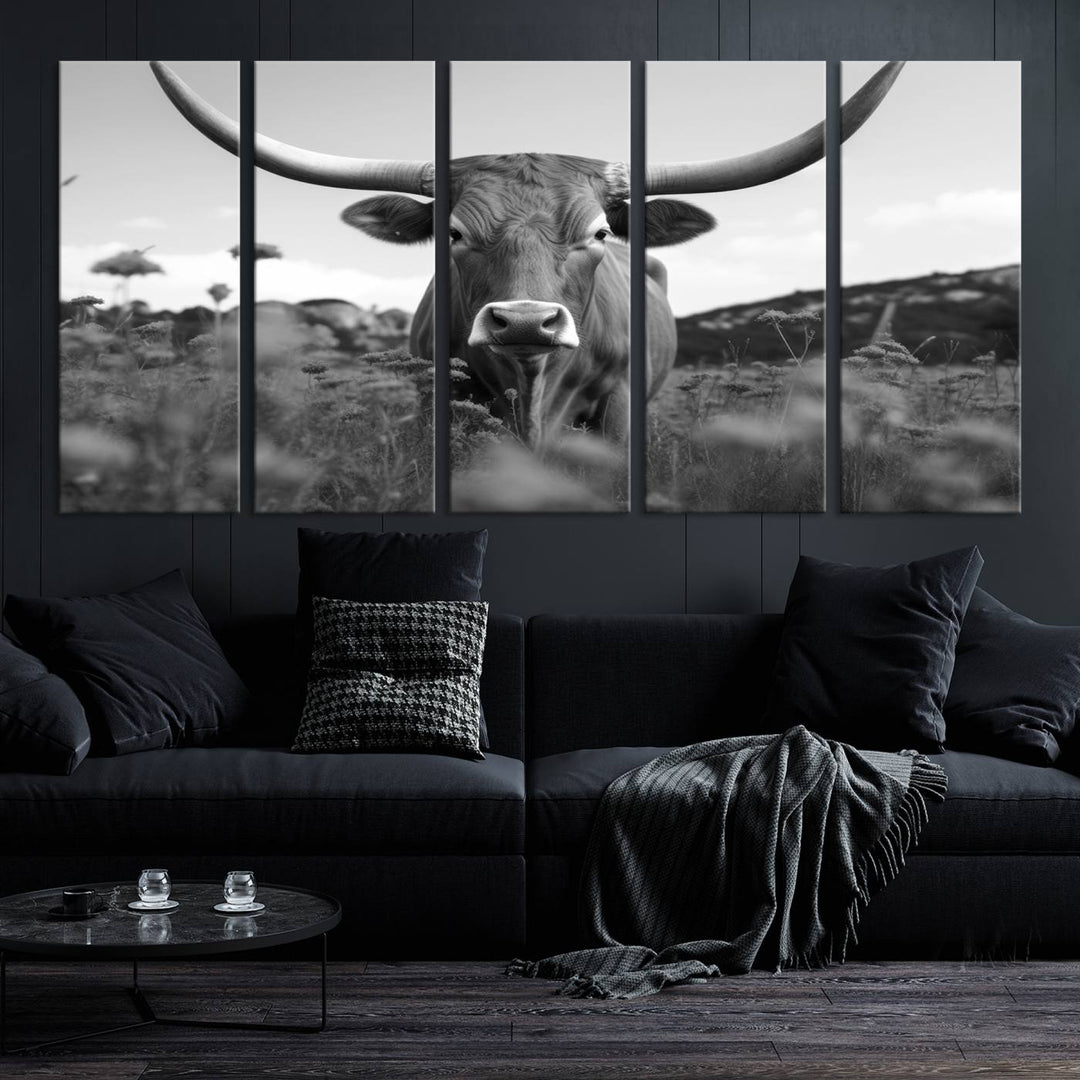 Cow Bighorn Wall Art Canvas Print, Longhorn Texas Large Cow Animal Canvas Print