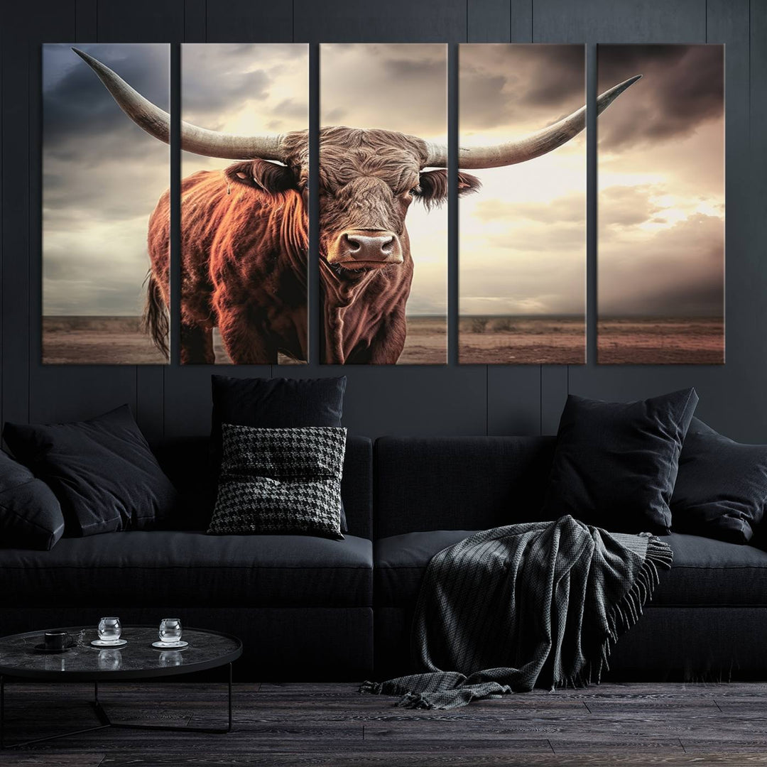 Cow Bighorn Wall Art Canvas Print, Longhorn Texas Large Cow Animal Canvas Print