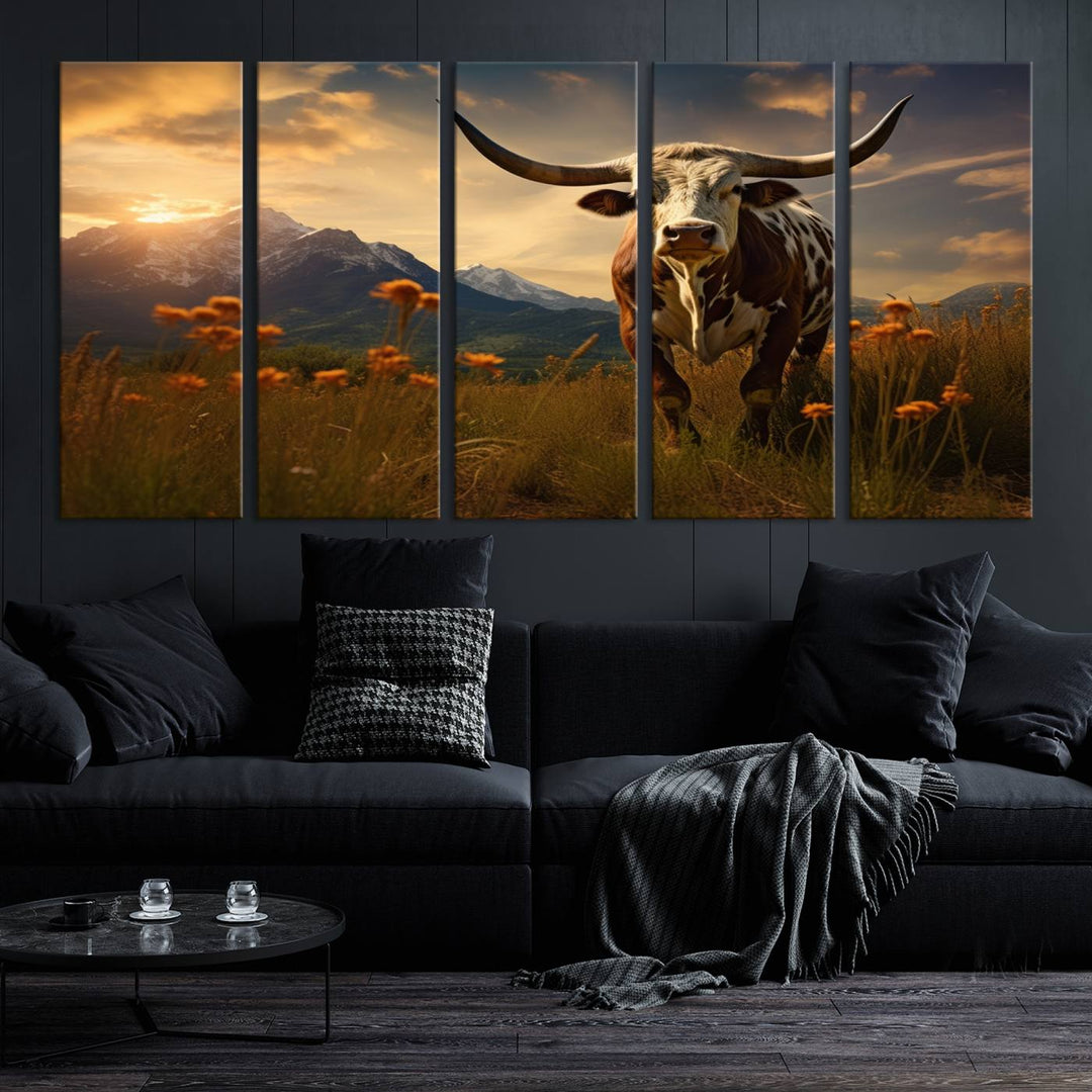 Cow Bighorn Wall Art Canvas Print, Longhorn Texas Large Cow Animal Canvas Print