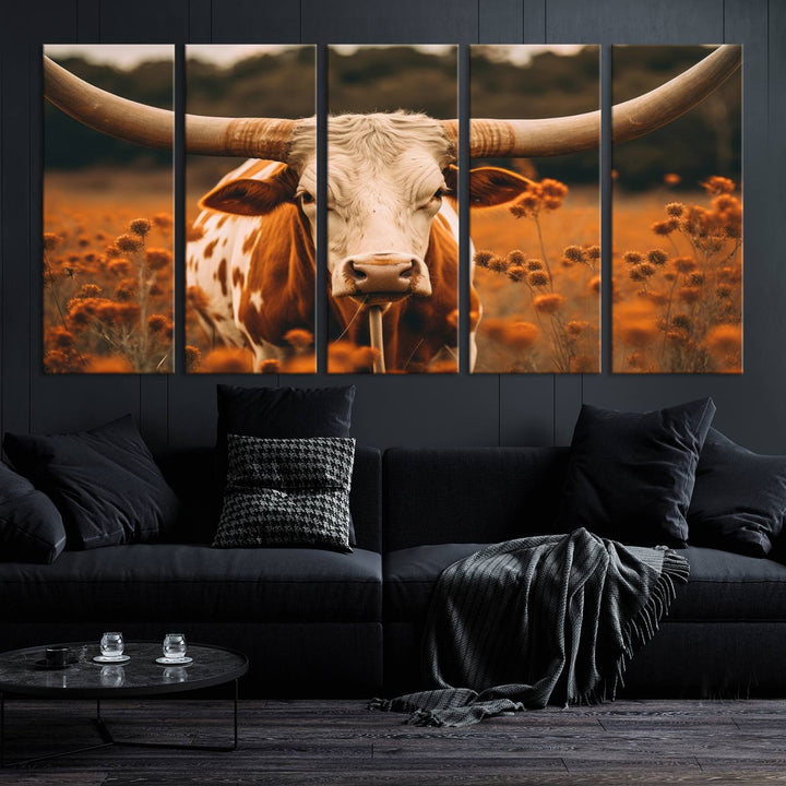 Cow Bighorn Wall Art Canvas Print, Longhorn Texas Large Cow Animal Canvas Print