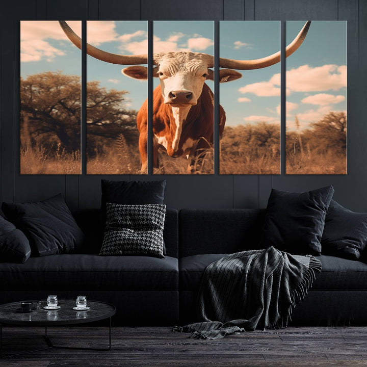 Cow Bighorn Wall Art Canvas Print, Longhorn Texas Large Cow Animal Canvas Print