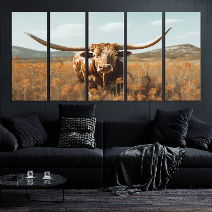 Cow Bighorn Wall Art Canvas Print, Longhorn Texas Large Cow Animal Canvas Print