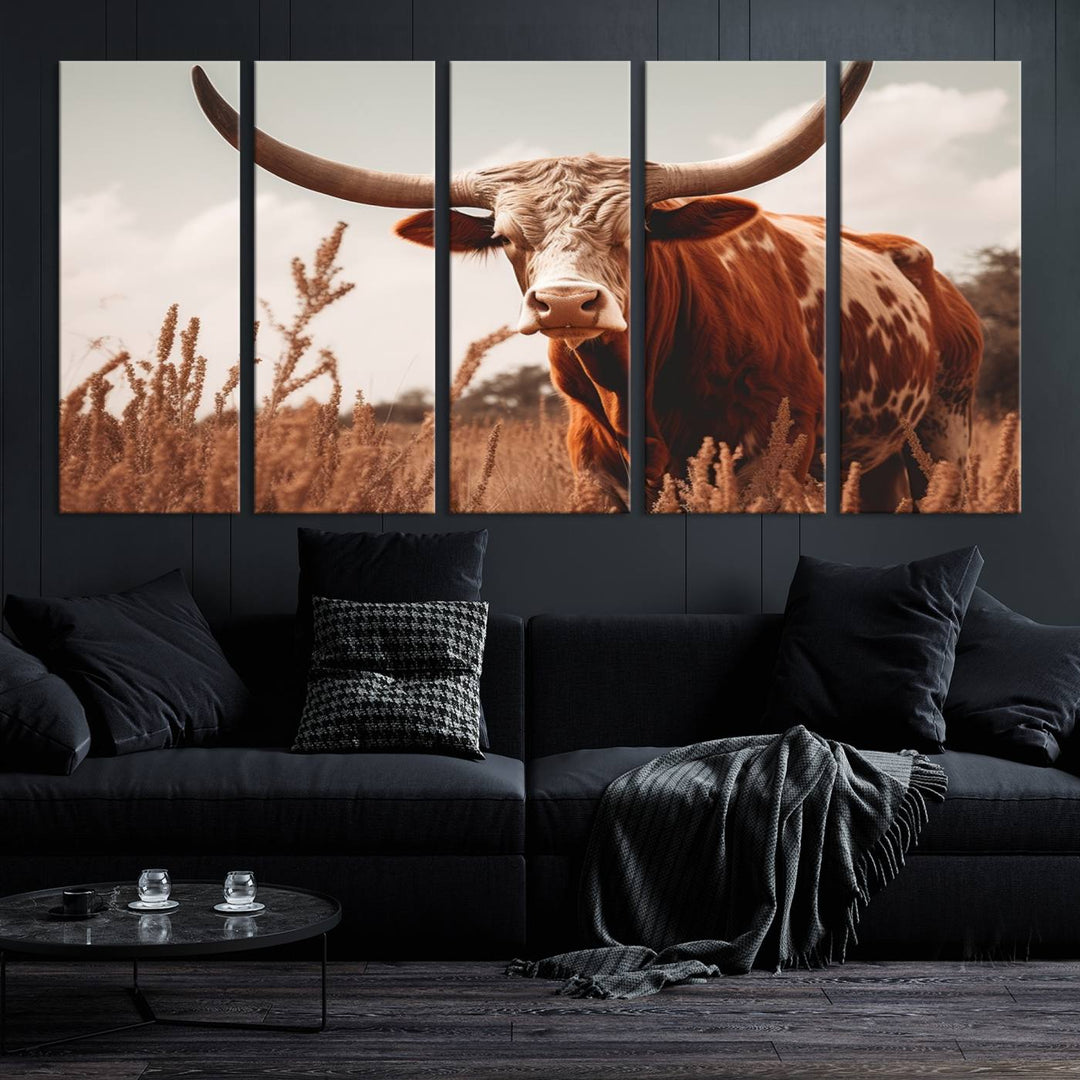 Cow Bighorn Wall Art Canvas Print, Longhorn Texas Large Cow Animal Canvas Print