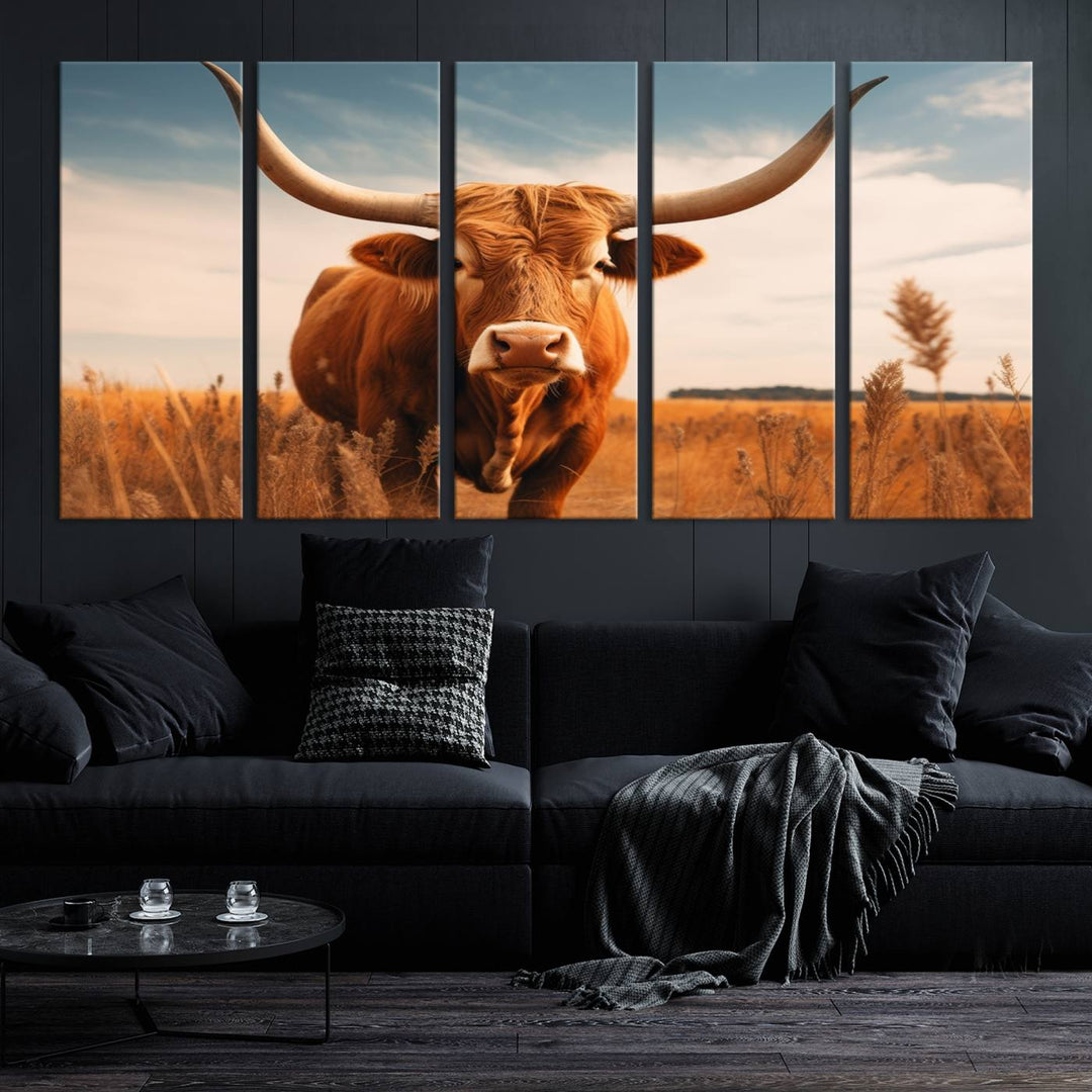 Cow Bighorn Wall Art Canvas Print, Longhorn Texas Large Cow Animal Canvas Print