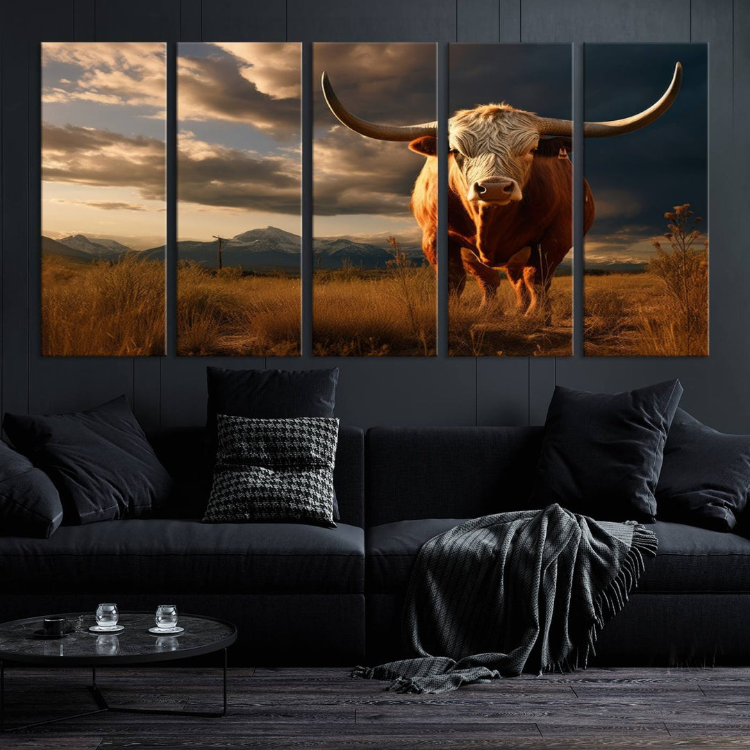 Cow Bighorn Wall Art Canvas Print, Longhorn Texas Large Cow Animal Canvas Print