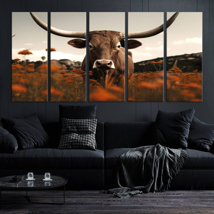 Cow Bighorn Wall Art Canvas Print, Longhorn Texas Large Cow Animal Canvas Print