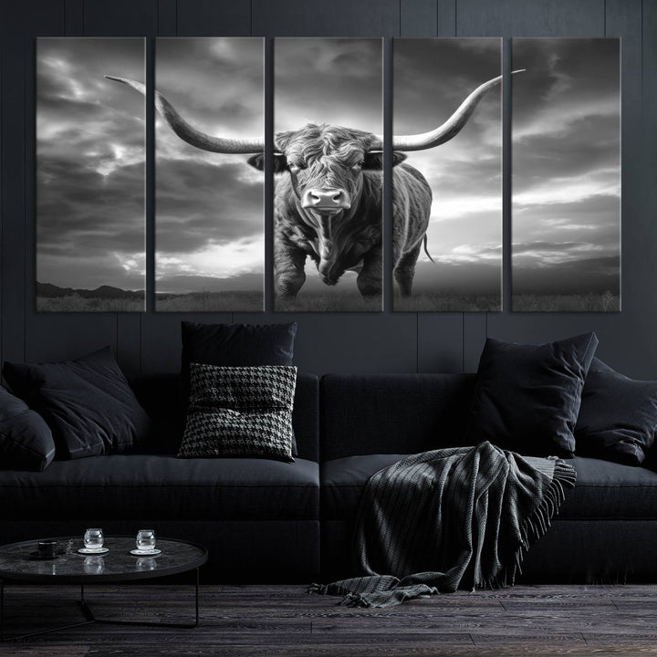 Cow Bighorn Wall Art Canvas Print, Longhorn Texas Large Cow Animal Canvas Print