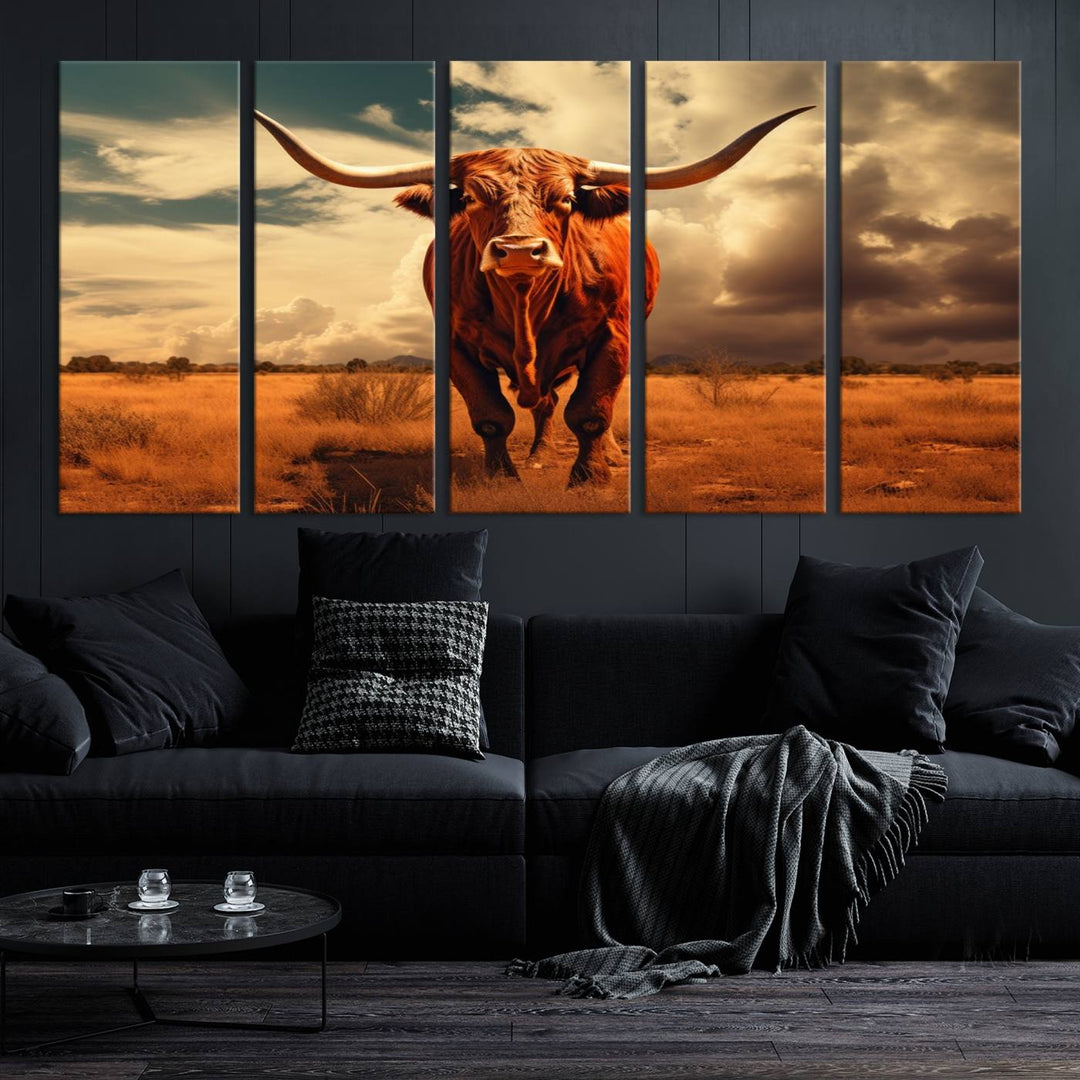 Cow Bighorn Wall Art Canvas Print, Longhorn Texas Large Cow Animal Canvas Print