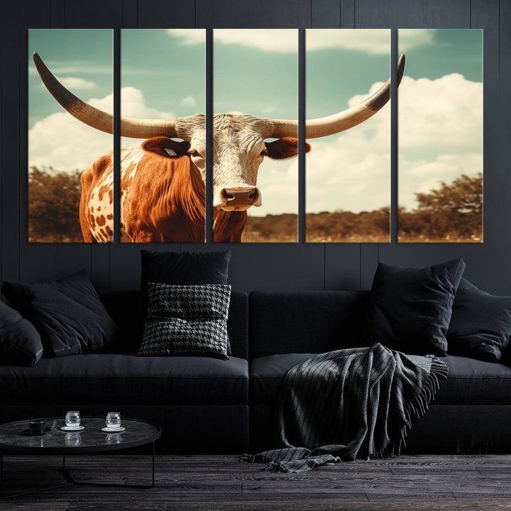 Cow Bighorn Wall Art Canvas Print, Longhorn Texas Large Cow Animal Canvas Print