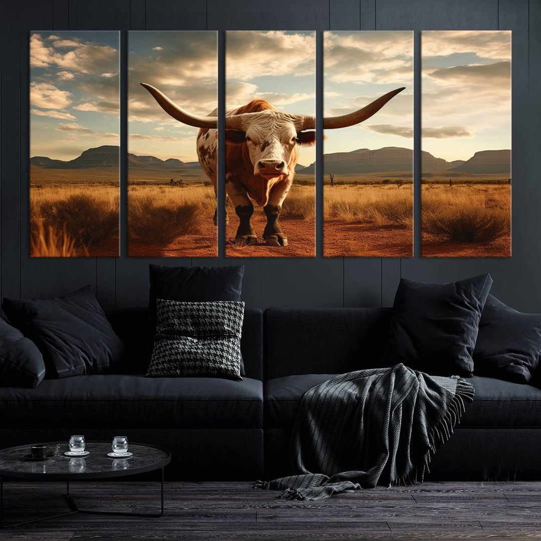 Cow Bighorn Wall Art Canvas Print, Longhorn Texas Large Cow Animal Canvas Print