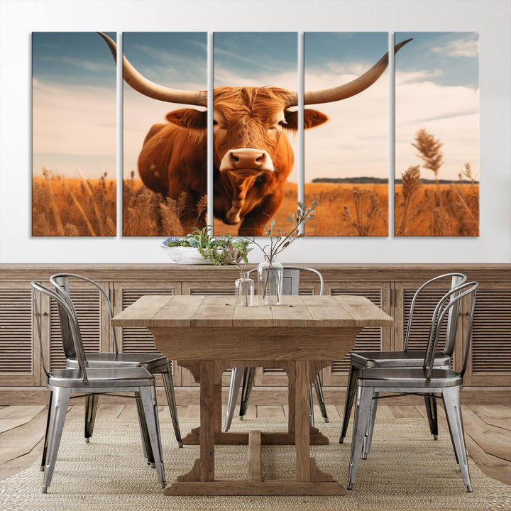 Cow Bighorn Wall Art Canvas Print, Longhorn Texas Large Cow Animal Canvas Print