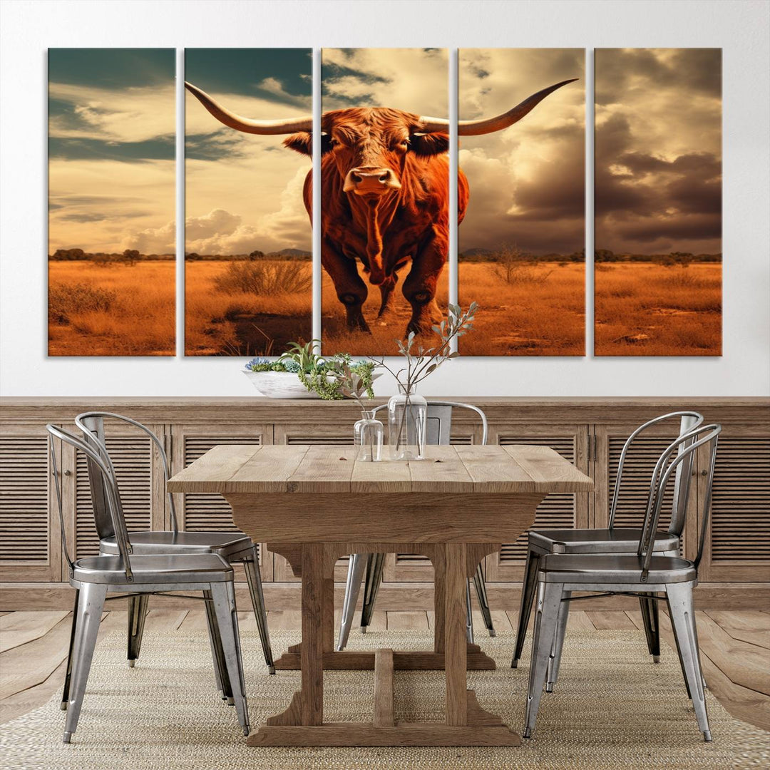 Cow Bighorn Wall Art Canvas Print, Longhorn Texas Large Cow Animal Canvas Print