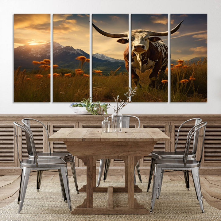 Cow Bighorn Wall Art Canvas Print, Longhorn Texas Large Cow Animal Canvas Print