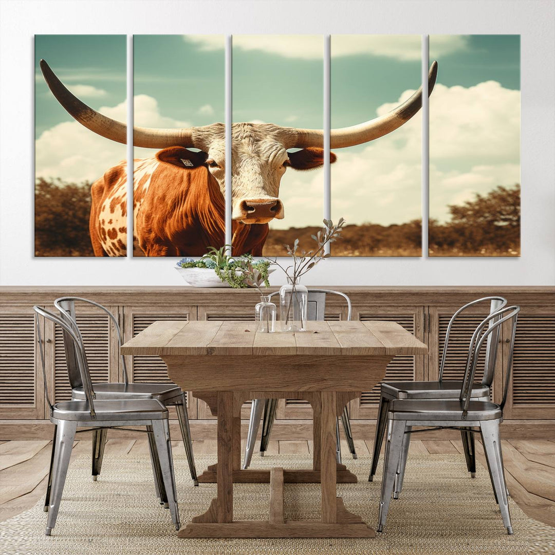 Cow Bighorn Wall Art Canvas Print, Longhorn Texas Large Cow Animal Canvas Print