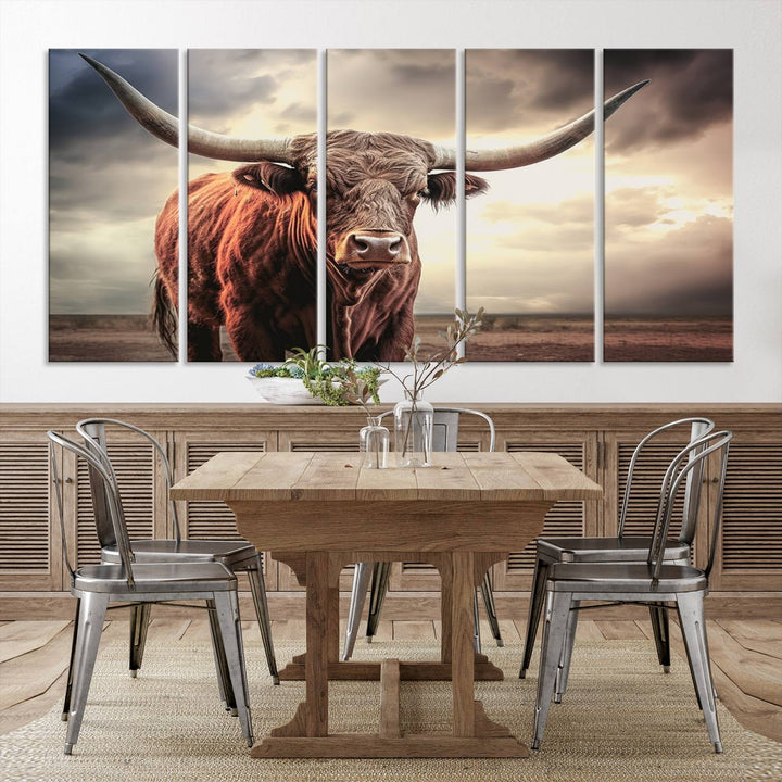 Cow Bighorn Wall Art Canvas Print, Longhorn Texas Large Cow Animal Canvas Print