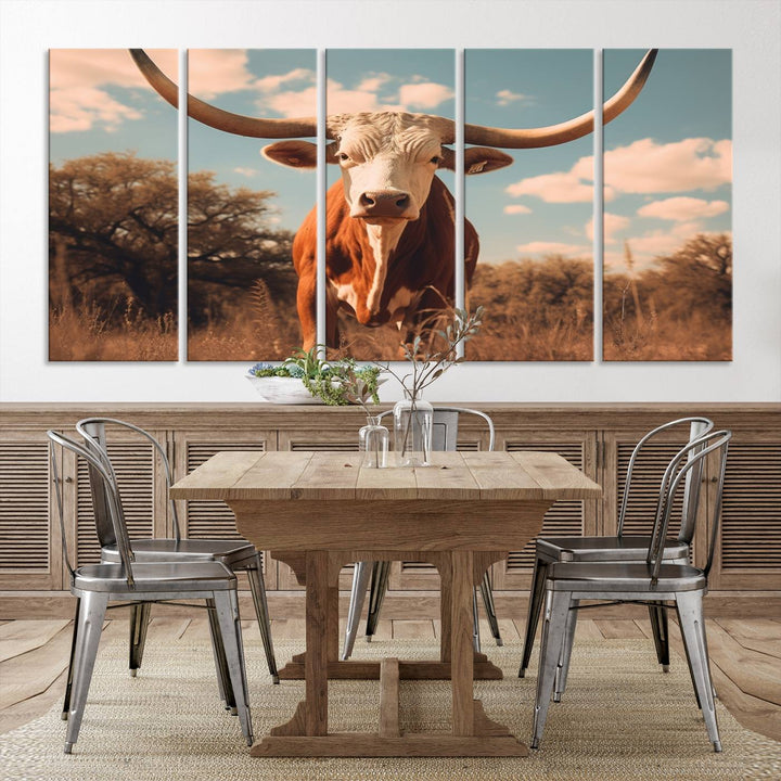 Cow Bighorn Wall Art Canvas Print, Longhorn Texas Large Cow Animal Canvas Print