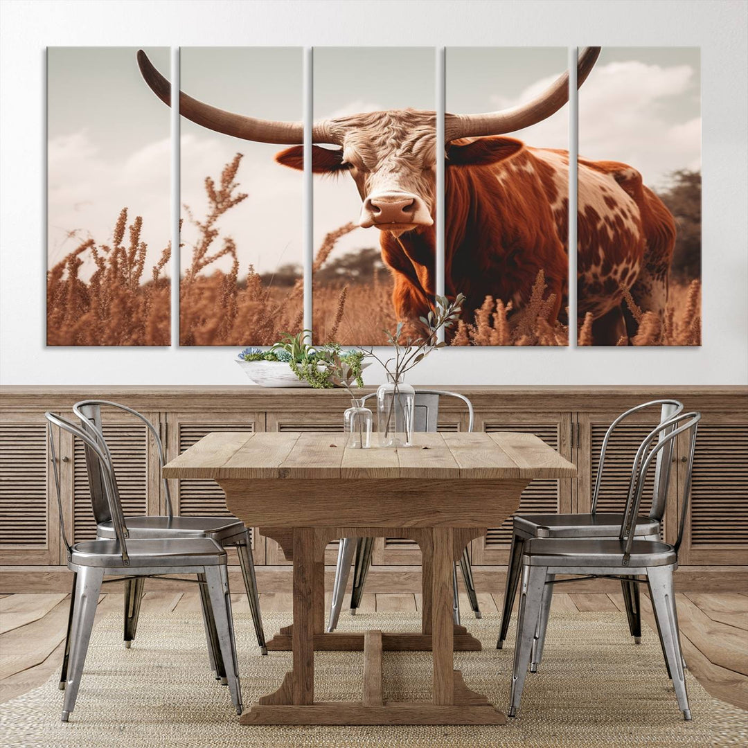 Cow Bighorn Wall Art Canvas Print, Longhorn Texas Large Cow Animal Canvas Print