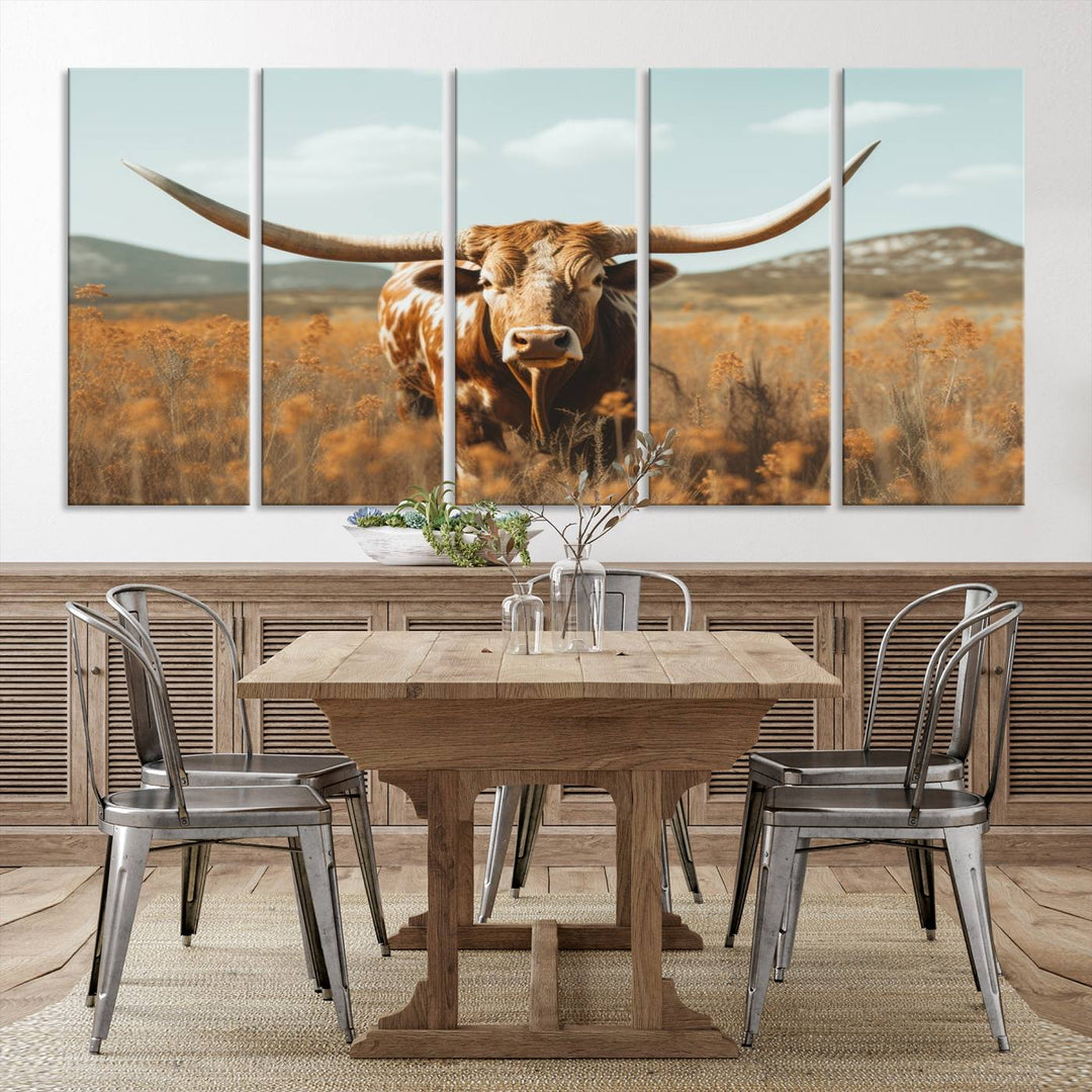 Cow Bighorn Wall Art Canvas Print, Longhorn Texas Large Cow Animal Canvas Print