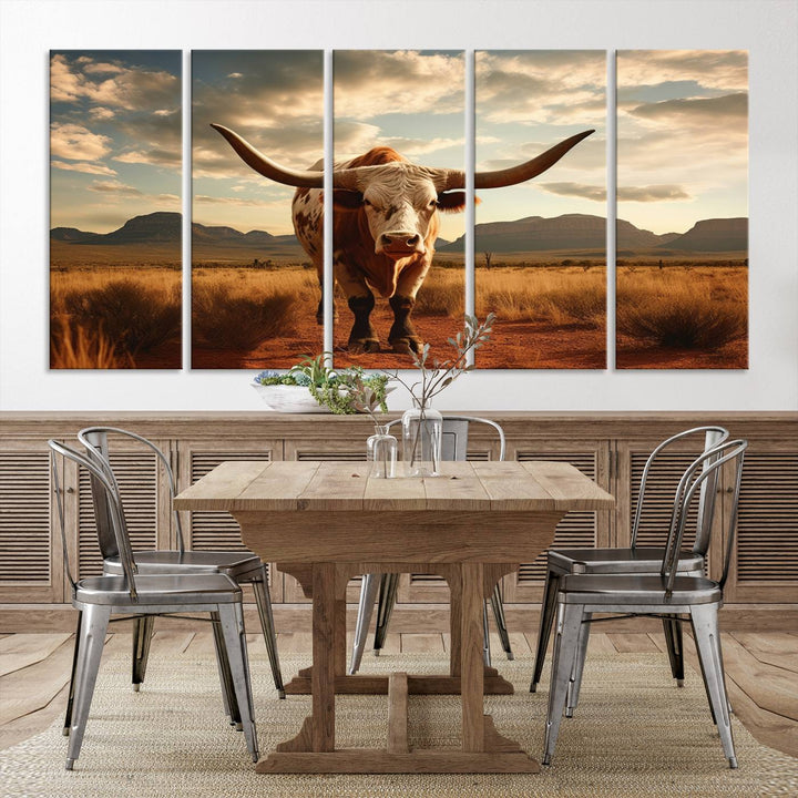 Cow Bighorn Wall Art Canvas Print, Longhorn Texas Large Cow Animal Canvas Print