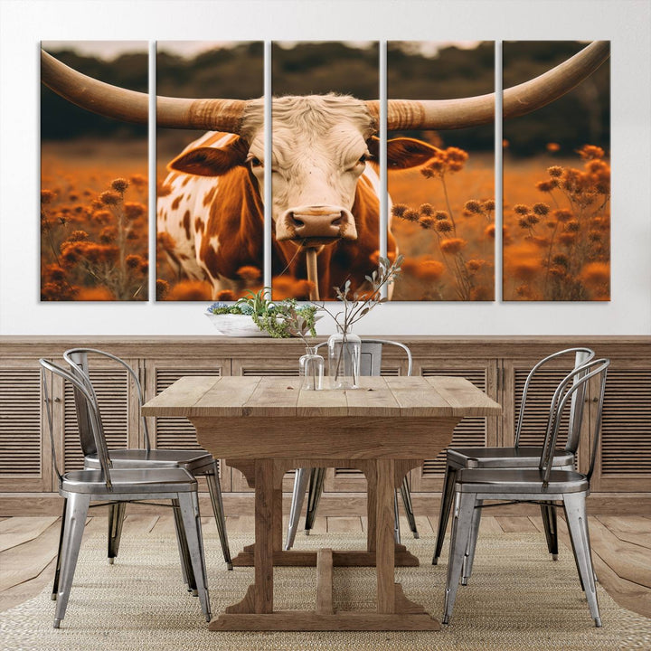 Cow Bighorn Wall Art Canvas Print, Longhorn Texas Large Cow Animal Canvas Print