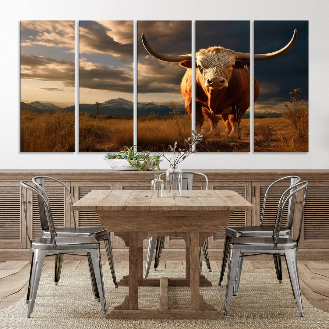 Cow Bighorn Wall Art Canvas Print, Longhorn Texas Large Cow Animal Canvas Print