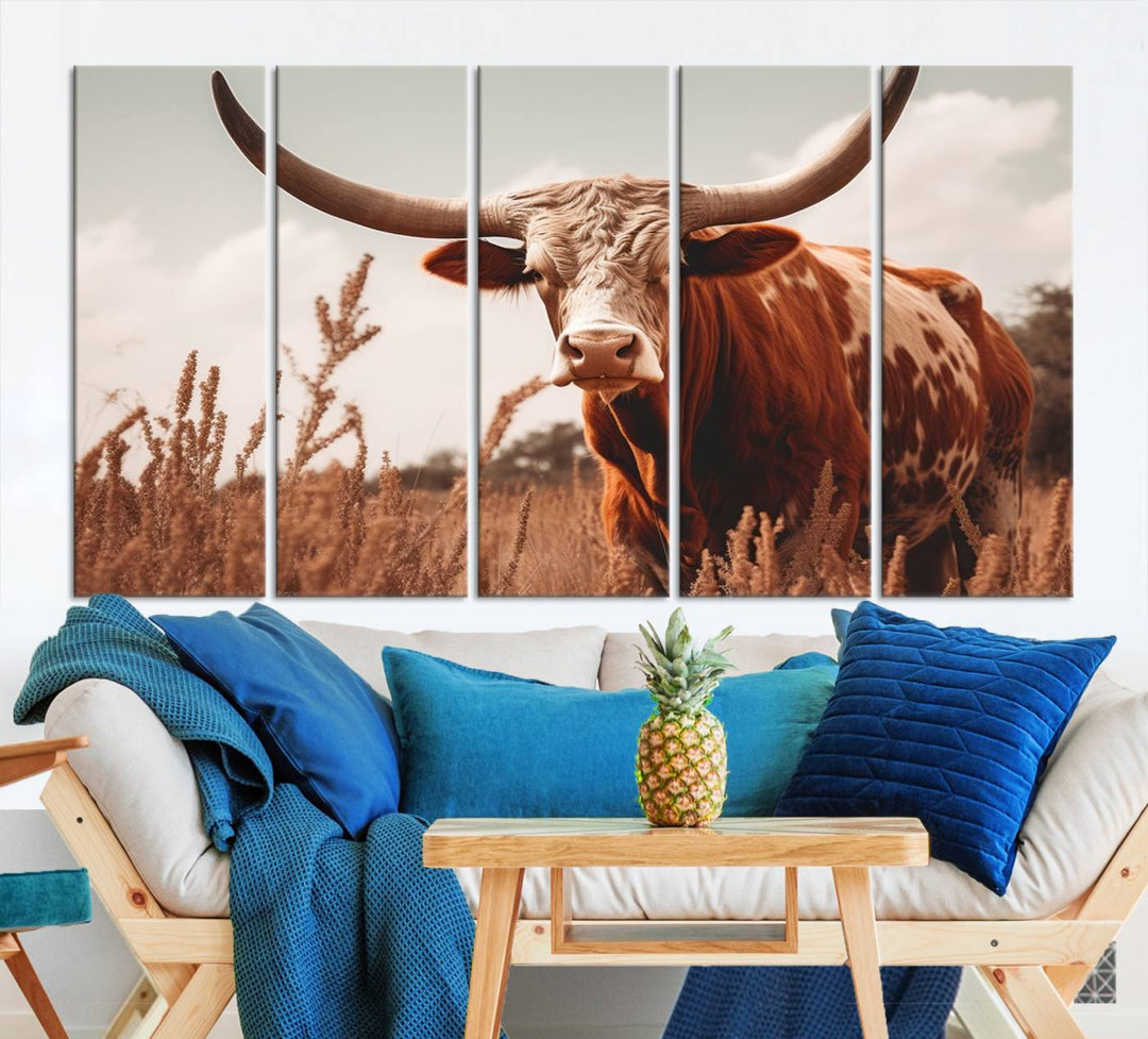 Cow Bighorn Wall Art Canvas Print, Longhorn Texas Large Cow Animal Canvas Print