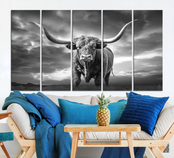 Cow Bighorn Wall Art Canvas Print, Longhorn Texas Large Cow Animal Canvas Print