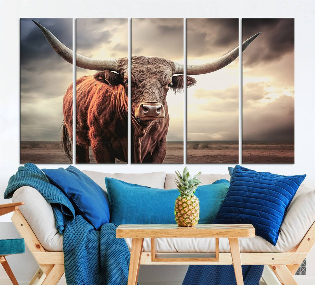 Cow Bighorn Wall Art Canvas Print, Longhorn Texas Large Cow Animal Canvas Print