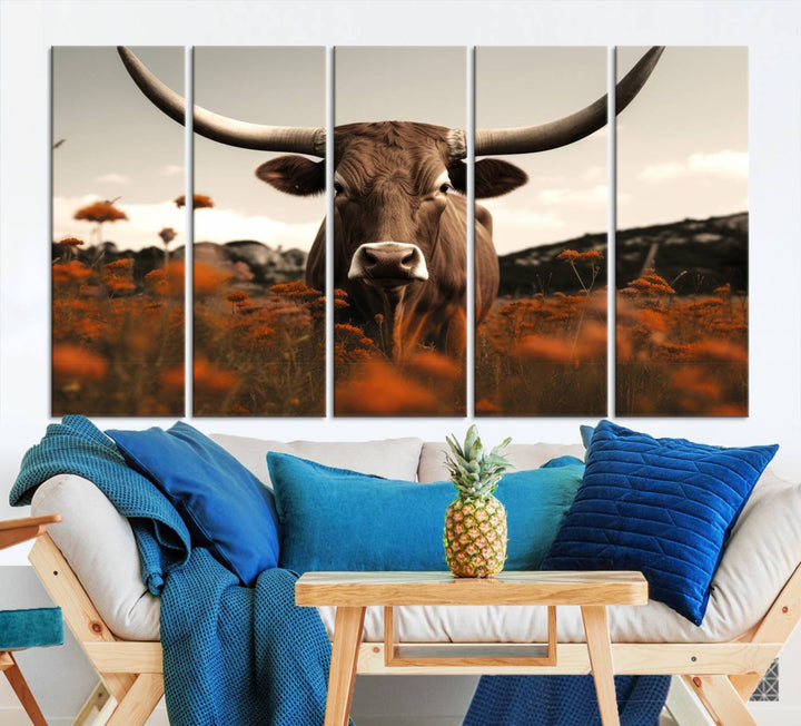 Cow Bighorn Wall Art Canvas Print, Longhorn Texas Large Cow Animal Canvas Print