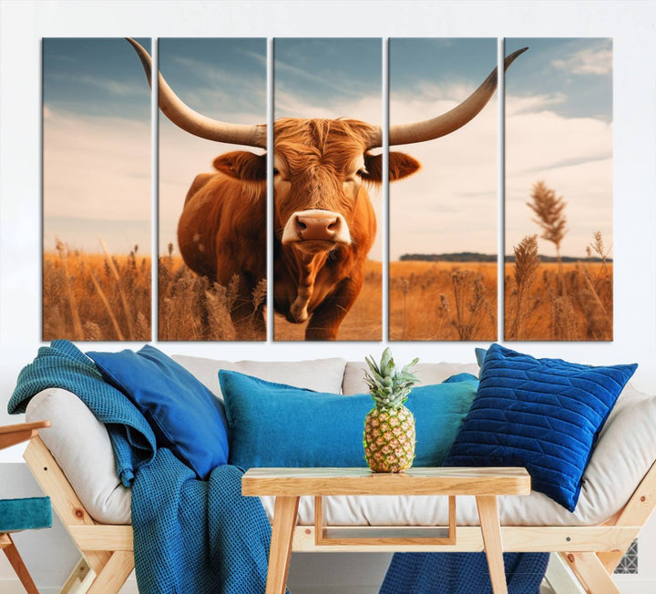 Cow Bighorn Wall Art Canvas Print, Longhorn Texas Large Cow Animal Canvas Print