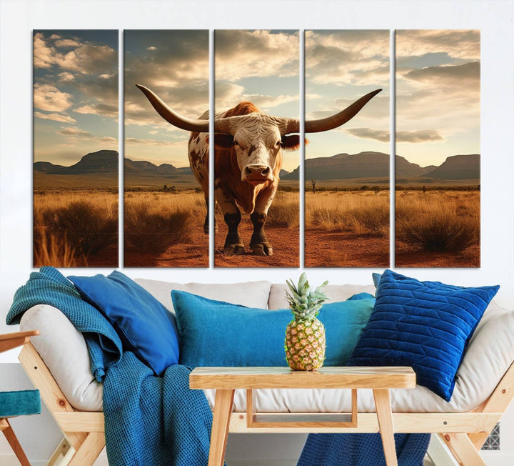 Cow Bighorn Wall Art Canvas Print, Longhorn Texas Large Cow Animal Canvas Print