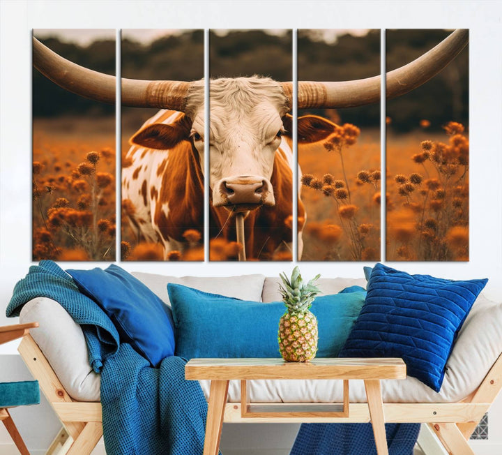 Cow Bighorn Wall Art Canvas Print, Longhorn Texas Large Cow Animal Canvas Print