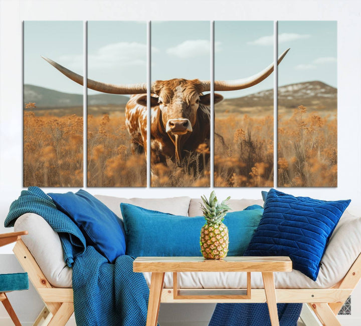 Cow Bighorn Wall Art Canvas Print, Longhorn Texas Large Cow Animal Canvas Print