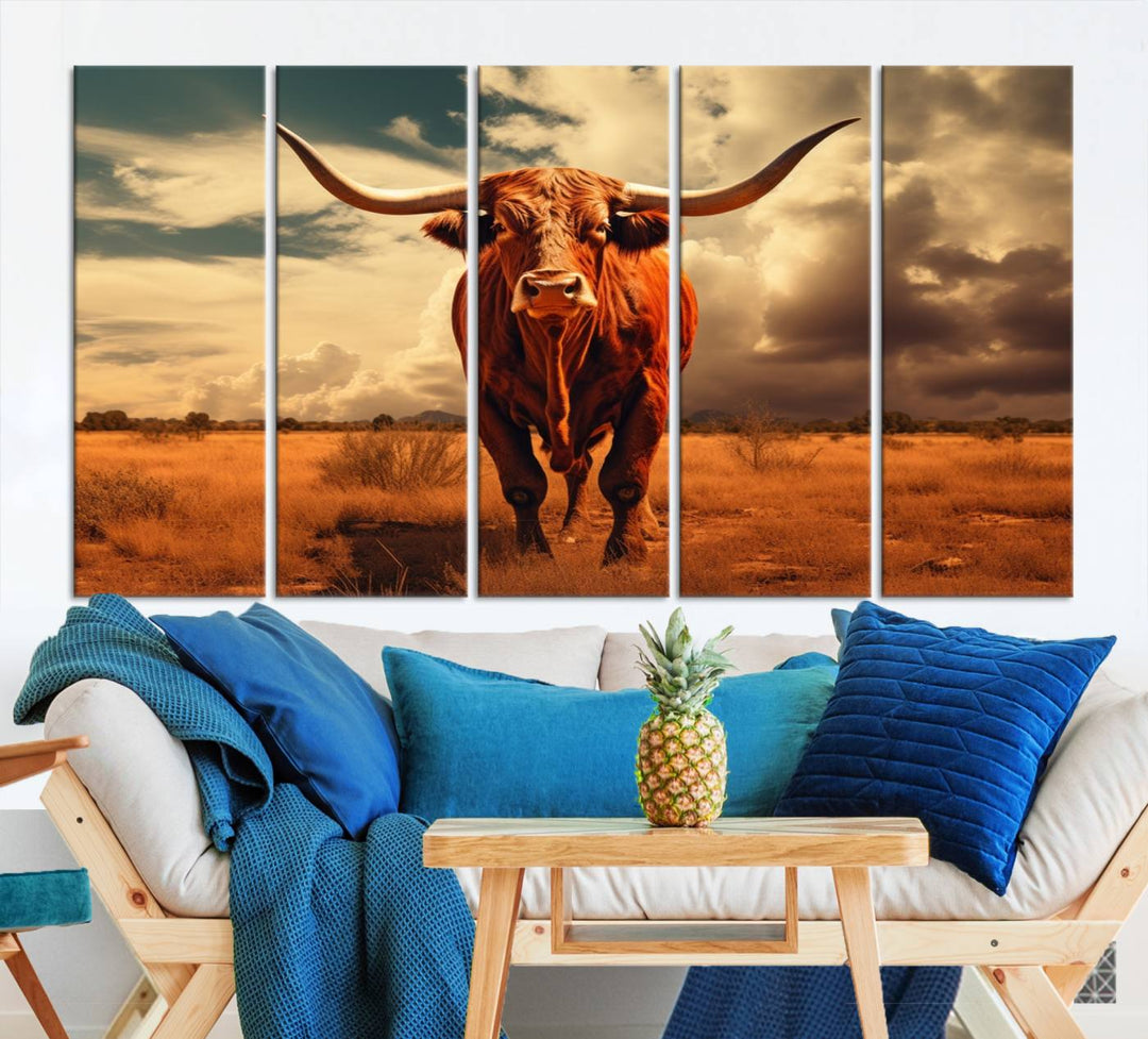 Cow Bighorn Wall Art Canvas Print, Longhorn Texas Large Cow Animal Canvas Print