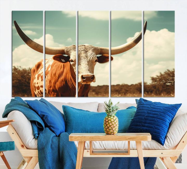 Cow Bighorn Wall Art Canvas Print, Longhorn Texas Large Cow Animal Canvas Print